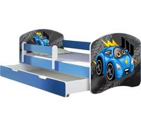 ACMA lit d'adolescent lit d'enfant lit junior set complet avec matelas sommier à lattes et protection antichute bleu 04 voiture rouge 140x70 + coffre de lit