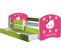 ACMA lit d'adolescent lit d'enfant lit junior set complet avec matelas sommier à lattes et protection contre les chutes vert 16 Sweet Kitty 2 140x70 + coffre de lit
