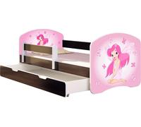 ACMA lit d'adolescent lit d'enfant lit junior set complet avec matelas sommier à lattes et protection contre les chutes wengé 07 rose fée 160x80 + coffre de lit