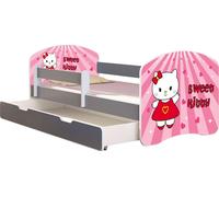 ACMA Lit d'adolescent Lit d'enfant Lit junior Set complet avec matelas Sommier à lattes et protection antichute Gris 15 Sweet Kitty 140x70 + coffre de lit
