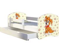 ACMA lit d'adolescent lit d'enfant lit junior set complet avec matelas sommier à lattes et protection antichute blanc 11 chiot 140x70 + coffre de lit