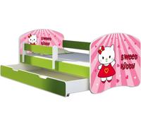 ACMA lit d'adolescent lit d'enfant lit junior set complet avec matelas sommier à lattes et protection antichute vert 15 Sweet Kitty 140x70 + coffre de lit