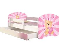 ACMA lit d'adolescent lit d'enfant lit junior set complet avec matelas sommier à lattes et protection contre les chutes blanc 10 ourson 160x80 + coffre de lit