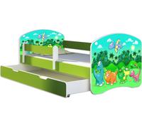 ACMA lit d'adolescent lit d'enfant lit junior set complet avec matelas sommier à lattes et protection antichute vert 30 Dino 160x80 + coffre de lit