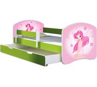 ACMA lit d'adolescent lit d'enfant lit junior set complet avec matelas sommier à lattes et protection antichute vert 07 rose fée 180x80 + coffre de lit