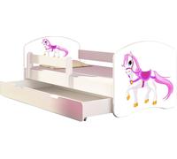 ACMA Lit d'adolescent Lit d'enfant Lit junior Set complet avec matelas Sommier à lattes et protection antichute Blanc 43 Petit cheval 160x80 + coffre de lit