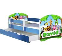 ACMA lit d'adolescent lit d'enfant lit junior set complet avec matelas sommier à lattes et protection contre les chutes bleu 01 Zoo Nom 180x80 + coffre de lit