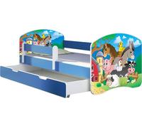 ACMA lit d'adolescent lit d'enfant lit junior set complet avec matelas sommier à lattes et protection antichute bleu 34 ferme 140x70 + coffre de lit