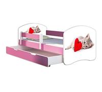 ACMA Lit Enfant 70 x 140 avec Tiroir, Matelas et Sommier à Lattes - Lit Junior avec Barrière de Sécurité, Personnalisé Motif 40 Chat avec Coeur - Rose, Lit pour Fille dès 3 Ans, Charge Jusqu’à 120 kg
