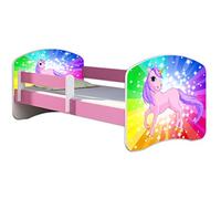 ACMA Lit Enfant 70 x 140 cm avec Matelas et Sommier à Lattes - Lit Junior avec Barrière de Sécurité, Personnalisé Motif 18 Poney Arc-en-Ciel - Rose, Lit pour Fille dès 3 Ans, Charge Jusqu’à 120 kg