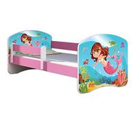 ACMA Lit Enfant 70 x 140 cm avec Matelas et Sommier à Lattes - Lit Junior avec Barrière de Sécurité, Personnalisé Motif 09 Petite sirène - Rose, Lit pour Fille dès 3 Ans, Charge Jusqu’à 120 kg
