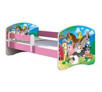 ACMA Lit Enfant 70 x 140 cm avec Matelas et Sommier à Lattes - Lit Junior avec Barrière de Sécurité, Personnalisé Motif 34 Ferme - Rose, Lit pour Fille dès 3 Ans, Charge Jusqu’à 120 kg