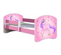 ACMA Lit Enfant 70 x 140 cm avec Matelas et Sommier à Lattes - Lit Junior avec Barrière de Sécurité, Personnalisé Motif 17 Poney - Rose, Lit pour Fille dès 3 Ans, Charge Jusqu’à 120 kg