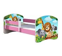 ACMA Lit Enfant 70 x 140 cm avec Matelas et Sommier à Lattes - Lit Junior avec Barrière de Sécurité, Personnalisé Motif 02 Petits Animaux - Rose, Lit pour Fille dès 3 Ans, Charge Jusqu’à 120 kg