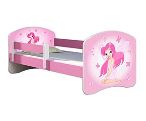 ACMA Lit Enfant 70 x 140 cm avec Matelas et Sommier à Lattes - Lit Junior avec Barrière de Sécurité, Personnalisé Motif 07 Fée Rose - Rose, Lit pour Fille dès 3 Ans, Charge Jusqu’à 120 kg