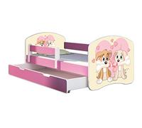 ACMA Lit Enfant 70 x 140 cm avec Tiroir, Matelas et Sommier à Lattes - Lit Junior avec Barrière de Sécurité, Personnalisé Motif 12 Deux Petits Chiens - Rose, Lit pour Fille dès 3 Ans,