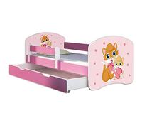 ACMA Lit Enfant 70 x 140 cm avec Tiroir, Matelas et Sommier à Lattes - Lit Junior avec Barrière de Sécurité, Personnalisé Motif 33 Chats - Rose, Lit pour Fille dès 3 Ans, Charge Jusqu’à 120 kg