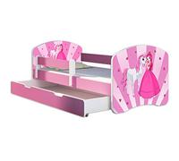 ACMA Lit Enfant 80 x 160 avec Tiroir, Matelas et Sommier à Lattes - Lit Junior avec Barrière de Sécurité, Personnalisé Motif 08 Princesse avec Poney - Rose, Lit pour Fille dès 3 Ans,