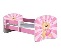 ACMA Lit Enfant 80 x 160 cm avec Matelas et Sommier à Lattes - Lit Junior avec Barrière de Sécurité, Personnalisé Motif 10 Nounours cœur Rose - Rose, Lit pour Fille dès 3 Ans, Charge Jusqu’à 120 kg