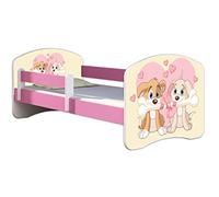 ACMA Lit Enfant 80 x 160 cm avec Matelas et Sommier à Lattes - Lit Junior avec Barrière de Sécurité, Personnalisé Motif 12 Deux Petits Chiens - Rose, Lit pour Fille dès 3 Ans, Charge Jusqu’à 120 kg