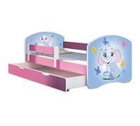 ACMA Lit Enfant 80 x 160 cm avec Tiroir, Matelas et Sommier à Lattes - Lit Junior avec Barrière de Sécurité, Personnalisé Motif 26 Petit éléphant Fond Bleu - Rose, Lit pour Fille dès 3 Ans