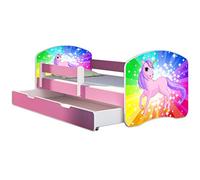 ACMA Lit Enfant 80 x 160 cm avec Tiroir, Matelas et Sommier à Lattes - Lit Junior avec Barrière de Sécurité, Personnalisé Motif 18 Poney Arc-en-Ciel - Rose, Lit pour Fille dès 3 Ans