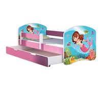 ACMA Lit Enfant 80 x 160 cm avec Tiroir, Matelas et Sommier à Lattes - Lit Junior avec Barrière de Sécurité, Personnalisé Motif 09 Petite sirène - Rose, Lit pour Fille dès 3 ans, Charge jusqu’à 120 kg