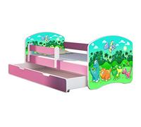 ACMA Lit Enfant 80 x 160 cm avec Tiroir, Matelas et Sommier à Lattes - Lit Junior avec Barrière de Sécurité, Personnalisé Motif 30 Dinosaures - Rose, Lit pour Fille dès 3 Ans, Charge Jusqu’à 120 kg