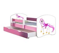 ACMA Lit Enfant 80 x 160 cm avec Tiroir, Matelas et Sommier à Lattes - Lit Junior avec Barrière de Sécurité, Personnalisé Motif 43 Petit Cheval - Rose, Lit pour Fille dès 3 Ans, Charge Jusqu’à 120 kg