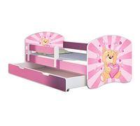 ACMA Lit Enfant 80 x 160 cm avec Tiroir, Matelas et Sommier à Lattes - Lit Junior avec Barrière de Sécurité, Personnalisé Motif 10 Nounours cœur Rose - Rose, Lit pour Fille dès 3 Ans