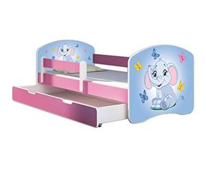 ACMA Lit Enfant 80 x 160 cm avec Tiroir, Matelas et Sommier à Lattes - Lit Junior avec Barrière de Sécurité, Personnalisé Motif 26 Petit éléphant Fond Bleu - Rose, Lit pour Fille dès 3 Ans