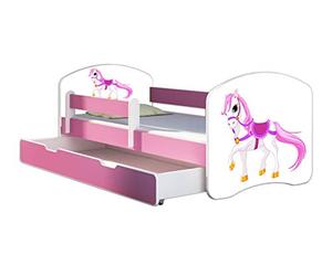 ACMA Lit Enfant 80 x 160 cm avec Tiroir, Matelas et Sommier à Lattes - Lit Junior avec Barrière de Sécurité, Personnalisé Motif 43 Petit Cheval - Rose, Lit pour Fille dès 3 Ans, Charge Jusqu’à 120 kg