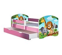 ACMA Lit Enfant 80 x 180 avec Tiroir, Matelas et Sommier à Lattes - Lit Junior avec Barrière de Sécurité, Personnalisé Motif 02 Petits Animaux - Rose, Lit pour Fille dès 3 Ans, Charge Jusqu’à 120 kg