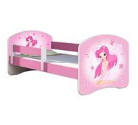 ACMA Lit Enfant 80 x 180 cm avec Matelas et Sommier à Lattes - Lit Junior avec Barrière de Sécurité, Personnalisé Motif 07 Fée Rose - Rose, Lit pour Fille dès 3 Ans, Charge Jusqu’à 120 kg