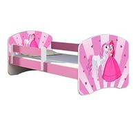 ACMA Lit Enfant 80 x 180 cm avec Matelas et Sommier à Lattes - Lit Junior avec Barrière de Sécurité, Personnalisé Motif 08 Princesse avec Poney - Rose, Lit pour Fille dès 3 Ans, Charge Jusqu’à 120 kg