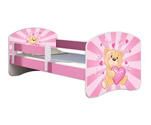 ACMA Lit Enfant 80 x 180 cm avec Matelas et Sommier à Lattes - Lit Junior avec Barrière de Sécurité, Personnalisé Motif 10 Nounours cœur Rose - Rose, Lit pour Fille dès 3 Ans, Charge Jusqu’à 120 kg