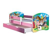 ACMA Lit Enfant 80 x 180 cm avec Tiroir, Matelas et Sommier à Lattes - Lit Junior avec Barrière de Sécurité, Personnalisé Motif 34 Ferme - Rose, Lit pour Fille dès 3 Ans, Charge Jusqu’à 120 kg