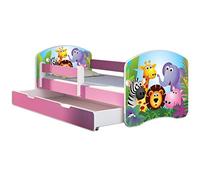 ACMA Lit Enfant 80 x 180 cm avec Tiroir, Matelas et Sommier à Lattes - Lit Junior avec Barrière de Sécurité, Personnalisé Motif 01 Zoo - Rose, Lit pour Fille, Charge jusqu’à 120 kg