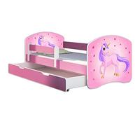 ACMA Lit Enfant 80 x 180 cm avec Tiroir, Matelas et Sommier à Lattes - Lit Junior avec Barrière de Sécurité, Personnalisé Motif 17 Poney - Rose, Lit pour Fille dès 3 Ans, Charge Jusqu’à 120 kg