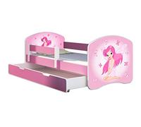ACMA Lit Enfant 80 x 180 cm avec Tiroir, Matelas et Sommier à Lattes - Lit Junior avec Barrière de Sécurité, Personnalisé Motif 07 Fée Rose - Rose, Lit pour Fille dès 3 Ans, Charge Jusqu’à 120 kg
