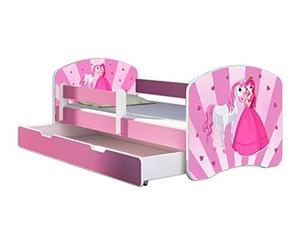 ACMA Lit Enfant 80 x 180 cm avec Tiroir, Matelas et Sommier à Lattes - Lit Junior avec Barrière de Sécurité, Personnalisé Motif 08 Princesse avec Poney - Rose, Lit pour Fille dès 3 Ans,