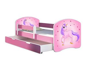 ACMA Lit Enfant 80 x 180 cm avec Tiroir, Matelas et Sommier à Lattes - Lit Junior avec Barrière de Sécurité, Personnalisé Motif 17 Poney - Rose, Lit pour Fille dès 3 Ans, Charge Jusqu’à 120 kg