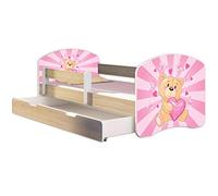 ACMA Lit Enfant Junior TIROIR Matelas Gratuite CHÊNE Sonoma II (10 Nounours cœur Rose, 160 x 80 cm + tiroir)