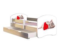 ACMA Lit Enfant Junior TIROIR Matelas Gratuite CHÊNE Sonoma II (40 Chat avec Coeur, 140 x 70 cm + tiroir)