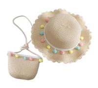 ACMEDE 4-8 Ans Enfant Chapeau de Paille et Petit Sac Set, Fille Chapeau de Soleil d'été Paille Plage Chapeaux de Soleil avec des Ornements de Boules colorées pour Plage Voyage Randonée