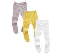 ACMEDE Collants bébés filles en coton blanche Rayés 3-6-9-12 mois-2 ans, lot de 3 Collants solides tricotés enfants Jaune Pantalons avec pieds Bébé Garçon leggings avec chaussettes taille 58-95 cm