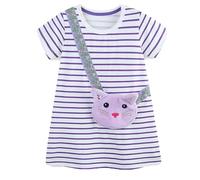 ACMEDE Robe rayées Filles avec Poches 3D en Forme de Chat, Lot de 2 t-Shirt Robes à Manches Courtes en Coton pour Enfants avec Poche Imitation Sac à bandoulière, Robes décontractées d'été, 2-7 Ans
