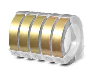 Acmerota 5 Pcak Ruban d'étiquettes de gaufrage doré, ruban adhésif compatible pour ruban d'étiquettes pourDYMO Omega 9 mm x 3 m Rouleaux d'impression blanche sur ruban d'étiquettes de gaufrage 3D