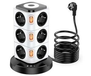 Acodot Multiprise Electrique, 12 Compartiments Multiprise avec USB, Multi Prise de Protection Contre Les Surtensions Tower avec 4 Interrupteurs, Veilleuse Design Originale et USB-A, USB-C Câble 3M