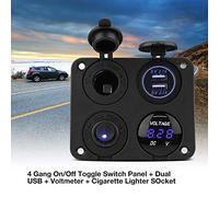 ACOGEDO Panneau d'interrupteur à Bascule Marche/arrêt 4 Gangs Double Chargeur USB Prise Allume-cigare Voltmètre LED Verte Bus Yachts Caravanes Etc Chargeur utilisé 12-24 V Marine Double 12 V-24 V